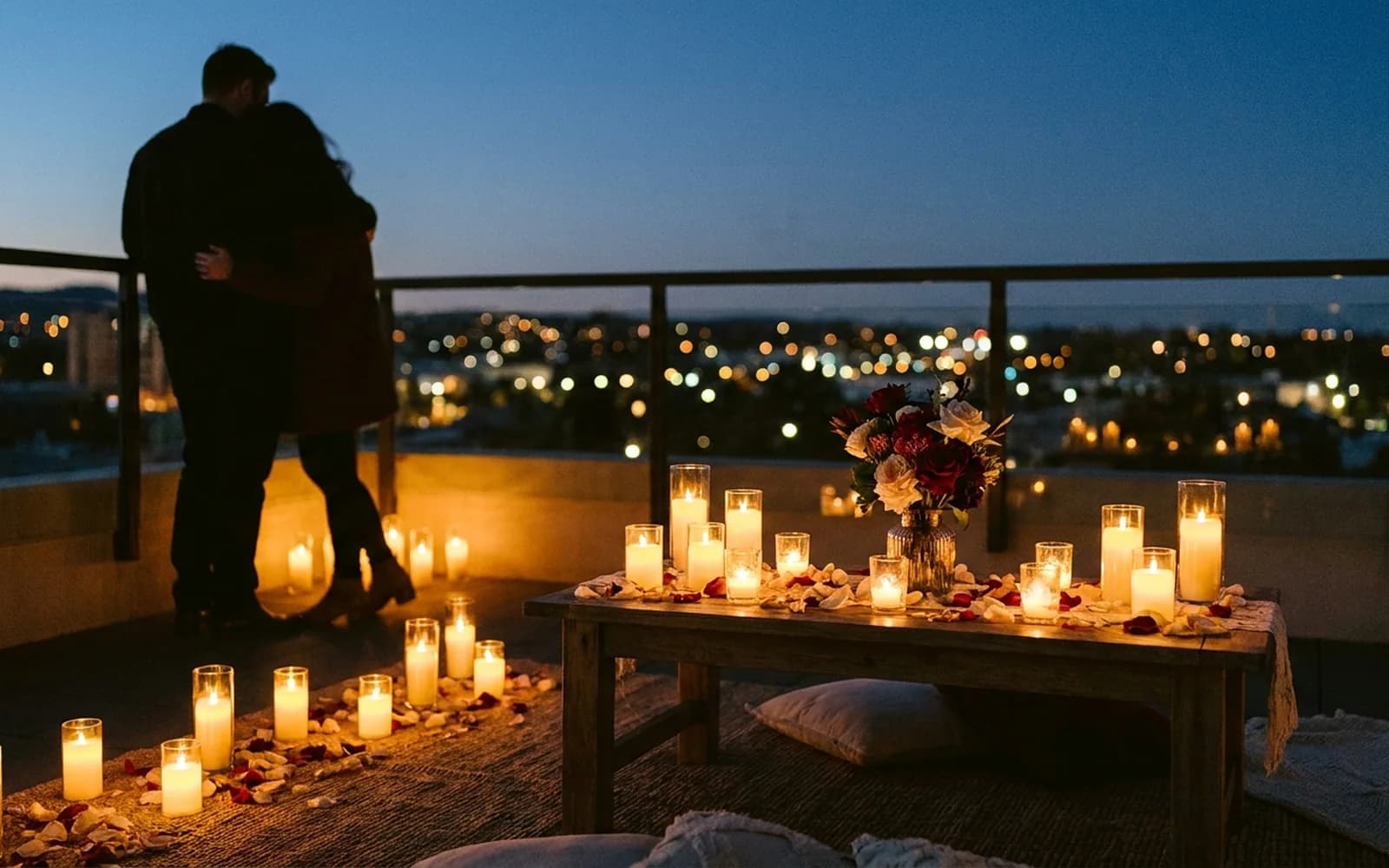 Candlelit rooftop proposal overlooking the Adelaide skyline
