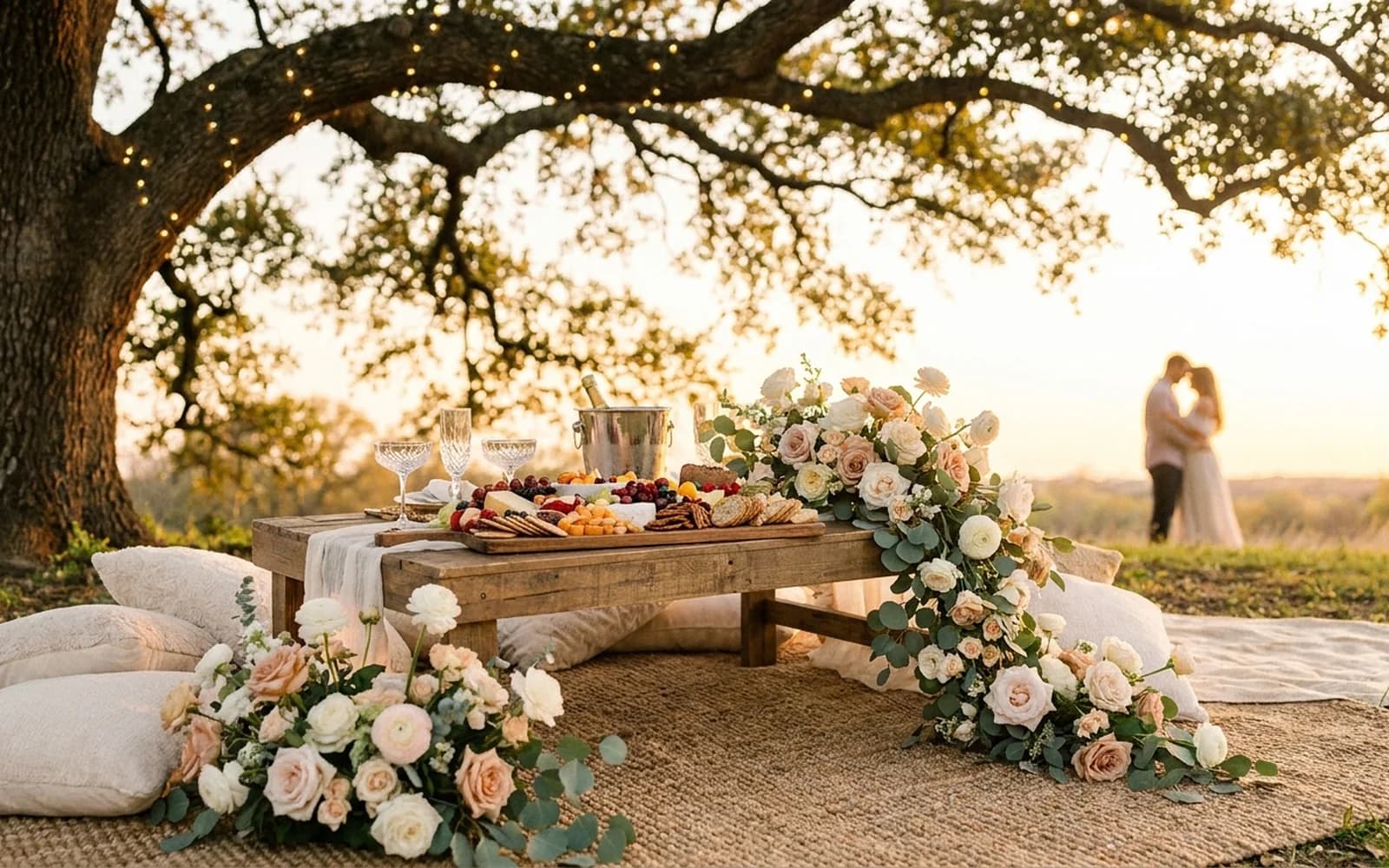 Styled luxury picnic proposal setup with florals and champagne