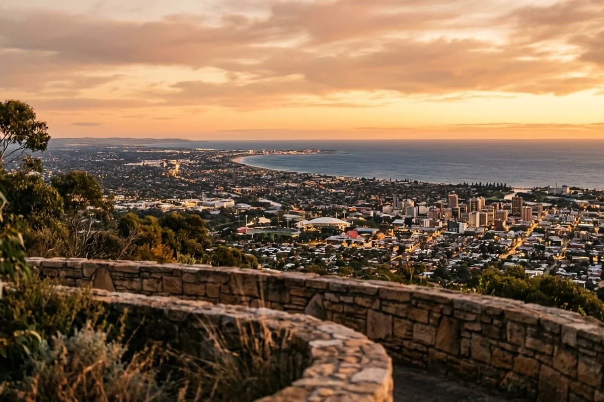 Sunset view over Adelaide from Mount Lofty