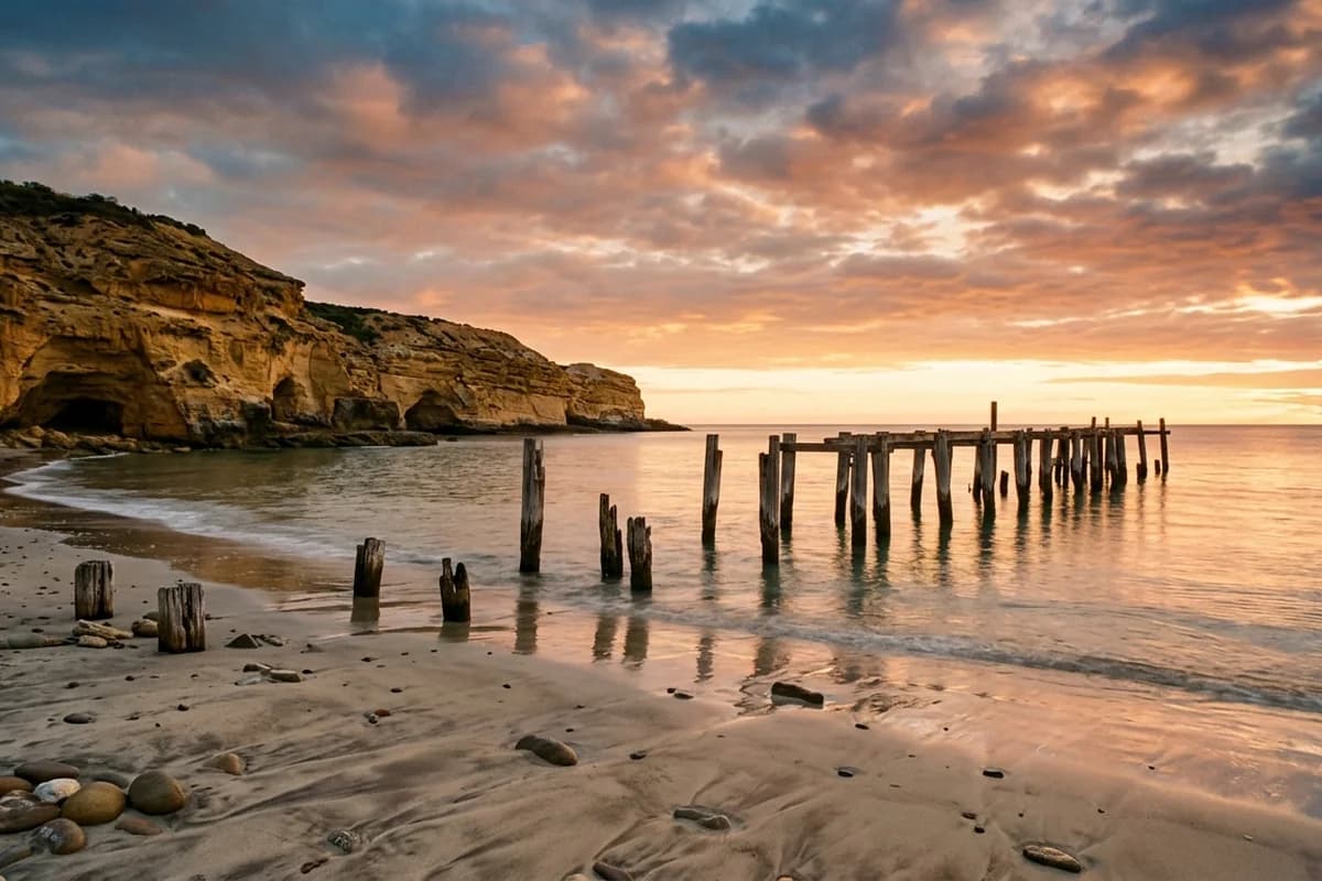 Port Willunga beach and jetty ruins at sunset