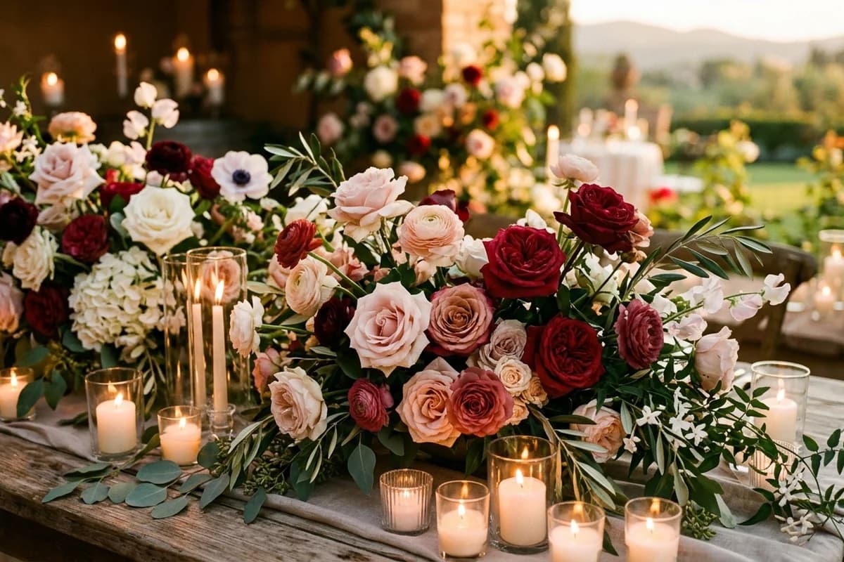 A romantic proposal floral arrangement in blush and white roses